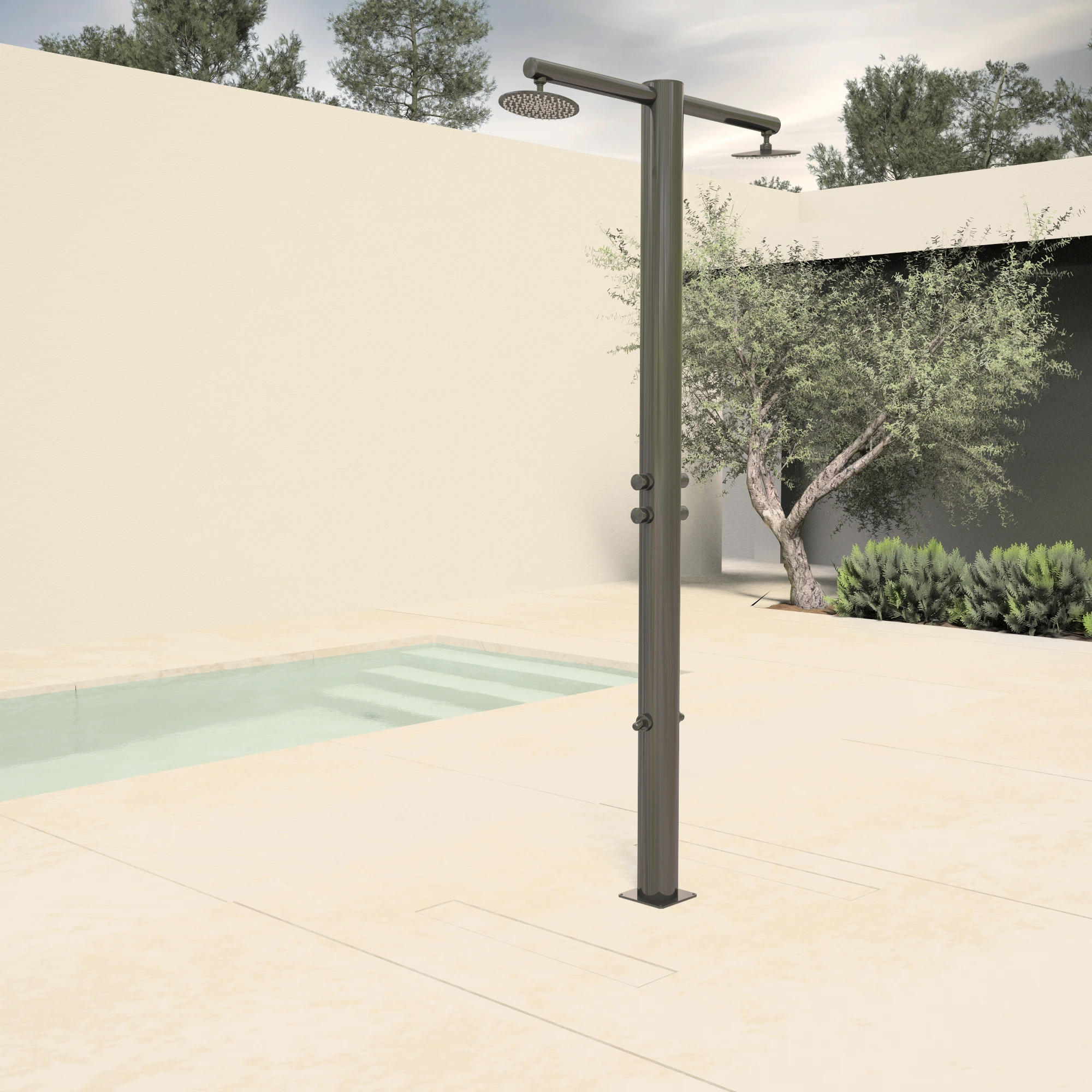 Architectural matt black outdoor shower beside a swimming pool